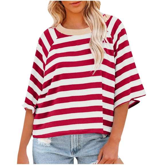 ZyeKqe Womens 3/4 Length Sleeve T Shirts Round Neck Striped Top Casual Loose Fitting Tees Fall Clothes Size S-XXL