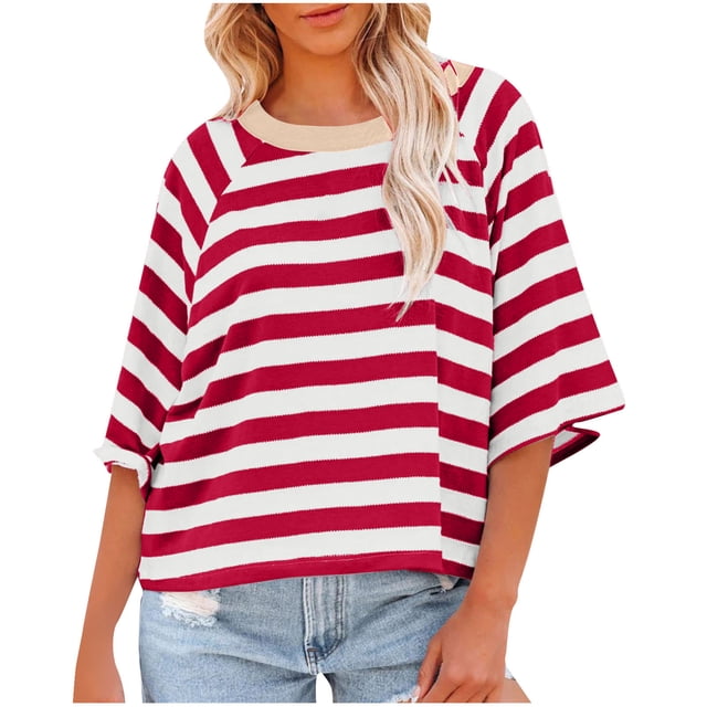 GigrtiJin 3/4 Sleeves Tops for Womens Round Neck Striped Color Block Blouses Casual Fashion Loose Basic Shirts