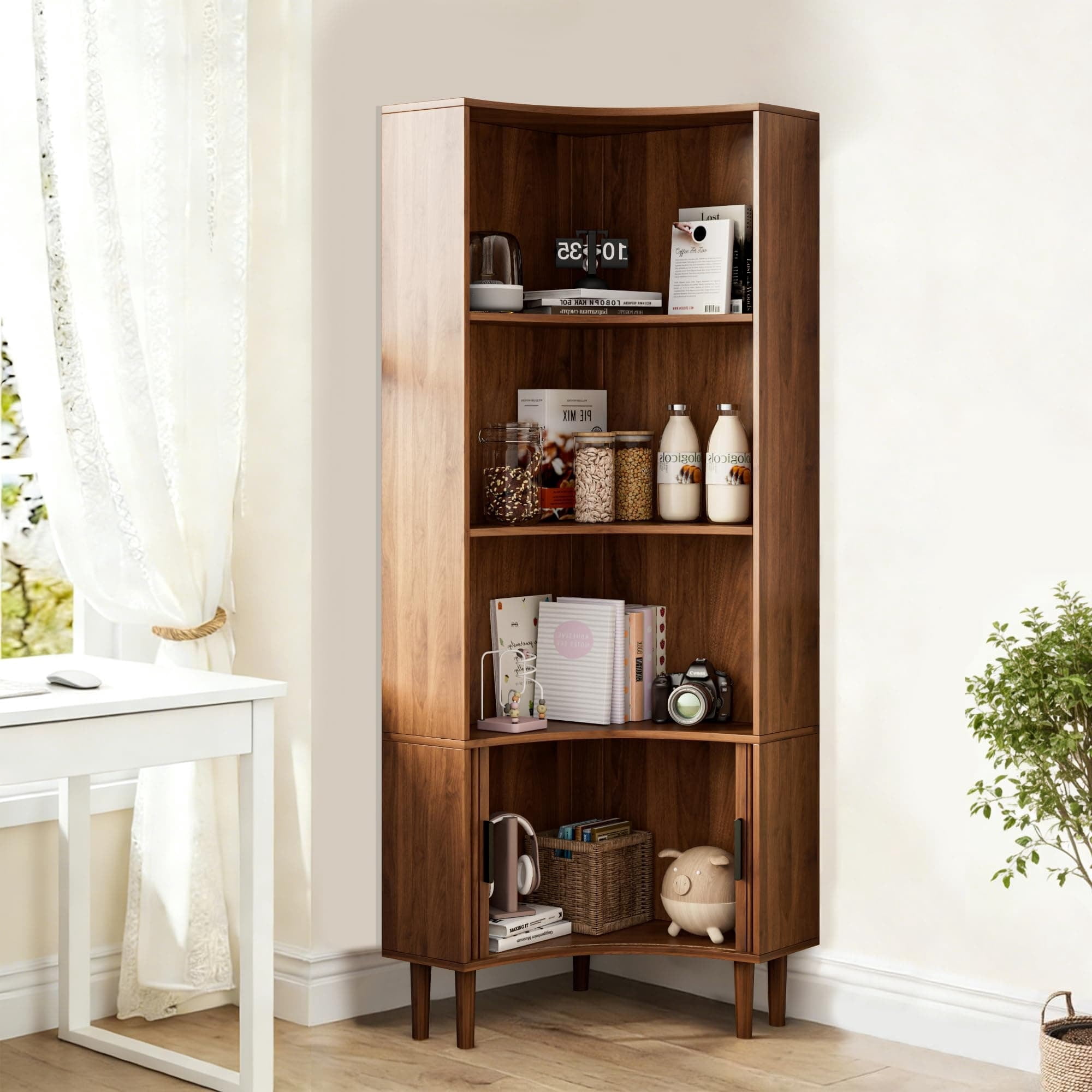 67" Tall Fluted Corner Cabinet with Sliding Doors, Modern Wood Freestanding Storage Organizer