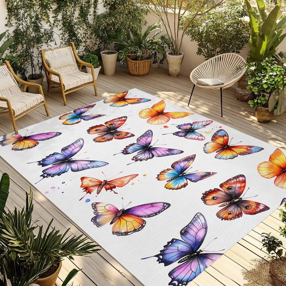 Fsddascl Modern Butterfly Outdoor Rug for Patio/Deck/Porch, Non-Slip Large Area Rug 4 x 6 Ft, Spring Summer Watercolor Rustic Indoor Outdoor Rugs Washable Area Rugs, Reversible Camping Rug Carpet
