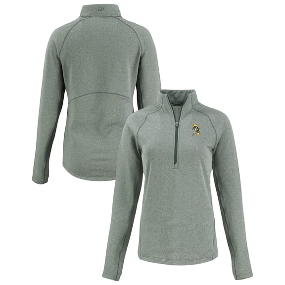 Women's Cutter & Buck Heather Green Green Bay Packers Peshastin Eco Fleece Recycled Tri-Blend Raglan Half-Zip Jacket