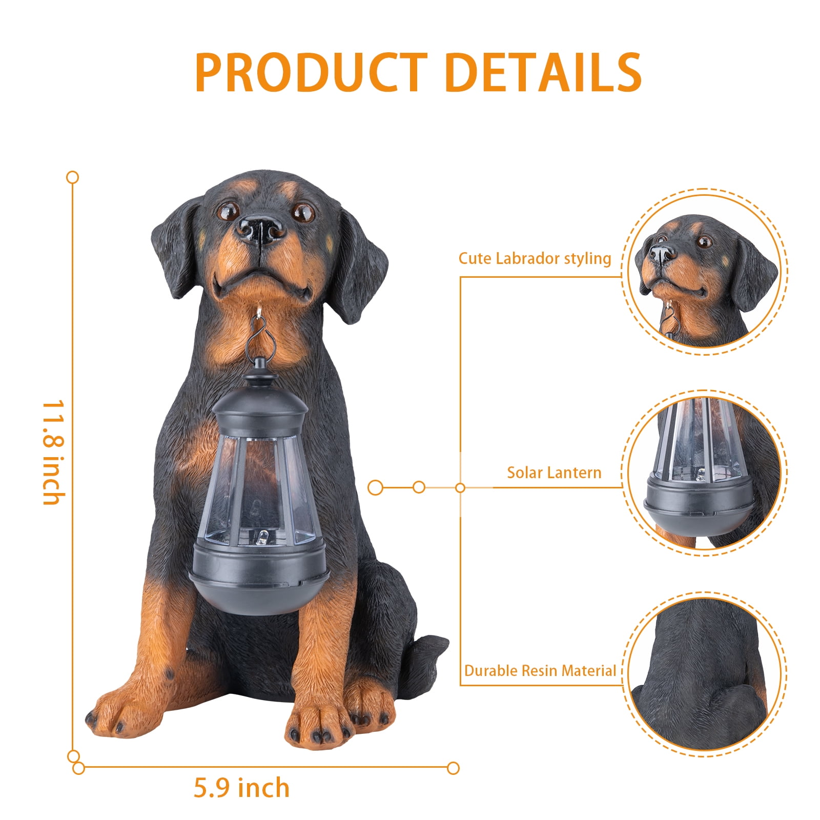11.8 Inch Rottweiler Garden Statue with Solar Lantern – Lifelike Resin Statue, Decor for Patio, Lawn & Outdoor Spaces