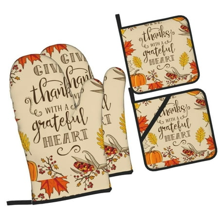 

Pofeuu Thanksgiving With A Grateful Heart Print Oven Mitts and Pot Holders 4 pcs Set High Heat Resistant 500 Degree Extra Thicken Long Kitchen Cotton Oven Glove for Cooking