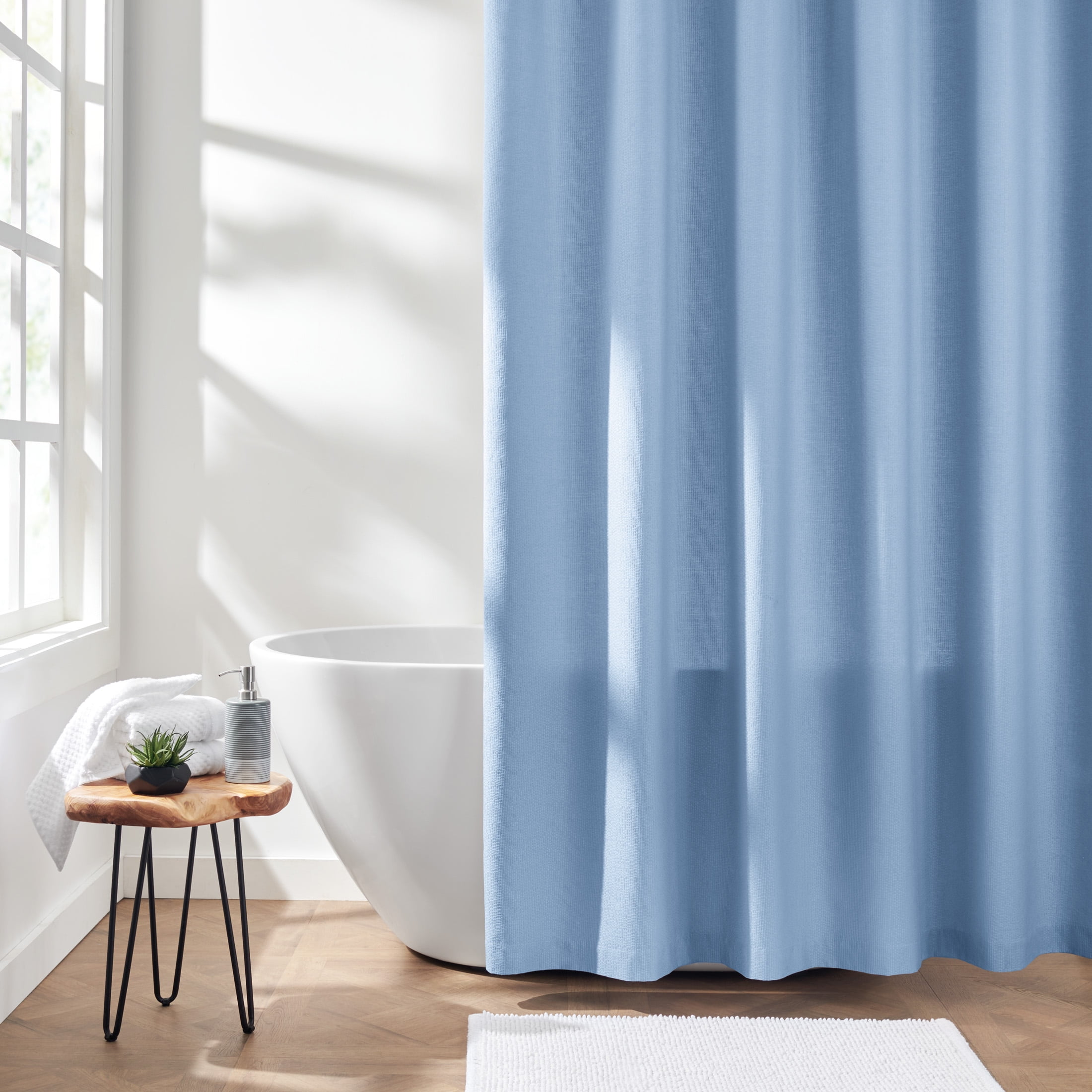 Gap Home Stitch Effect Organic Cotton Shower Curtain, Blue, 72x72