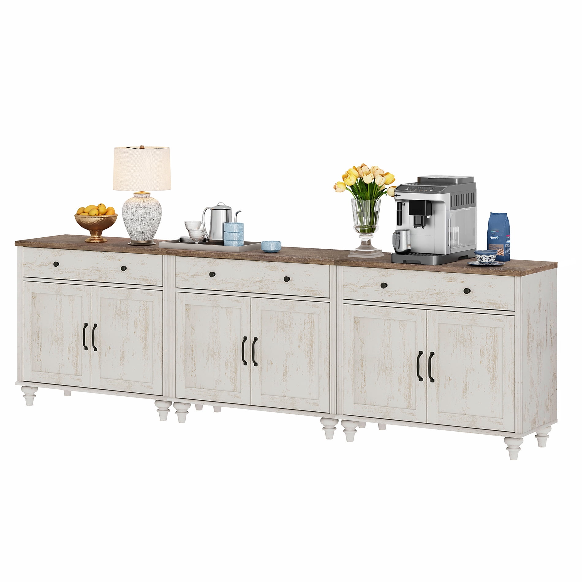 Rustic White Farmhouse TV Stand for 85 inch TV with Drawers & Doors
