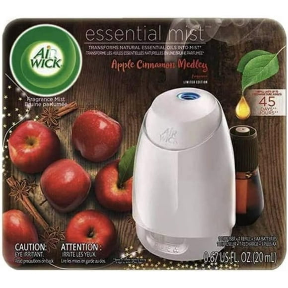 Air Wick Brume Essentielle, Diffuseur d'Huiles Essentielles (Diffuseur + 1 Recharge), Assortiment Pomme-Cannelle, Assainisseur d'Air (l'Emballage Peut Varier)