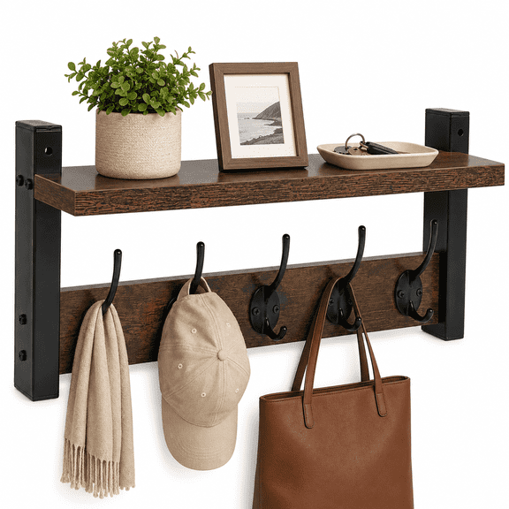 Wood Wall Coat Rack with Shelf,5 Hook Entryway Organizer for Coats,Hats,Towels,Bags and Bathroom Storage,Rustic Brown Black