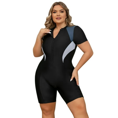 IBTOM CASTLE Plus Size One Piece Swimsuit for Women Tummy Control Bathing Suit Sun Protection UPF 50+ Rash Guard Surfing Swimwear 4XL Black + Gray