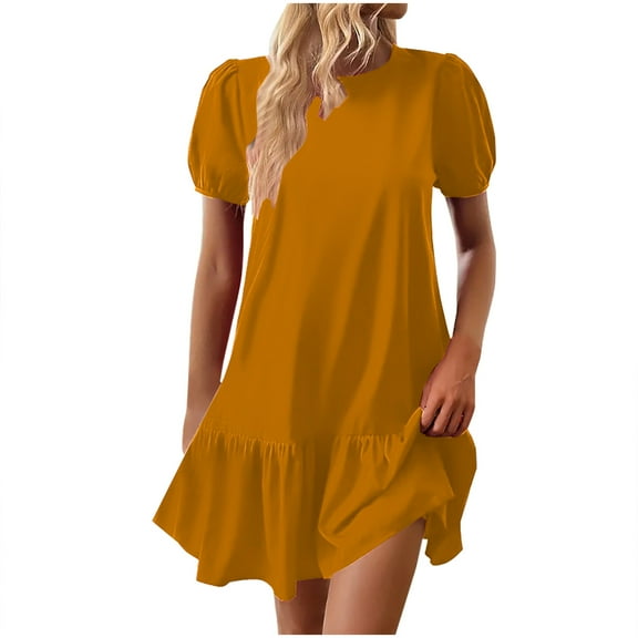 Kaemgyyd Casual Dresses for Women Summer Crew Neck Short Sleeve Solid Basic T-Shirt Dress Loose Tiered Ruffle Hem Beach Cover Up