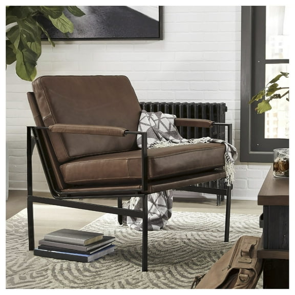 Signature Design by Ashley Puckman Accent Chair, Brown Genuine Leather, Bronze-Tone Metal Frame, Modern Industrial