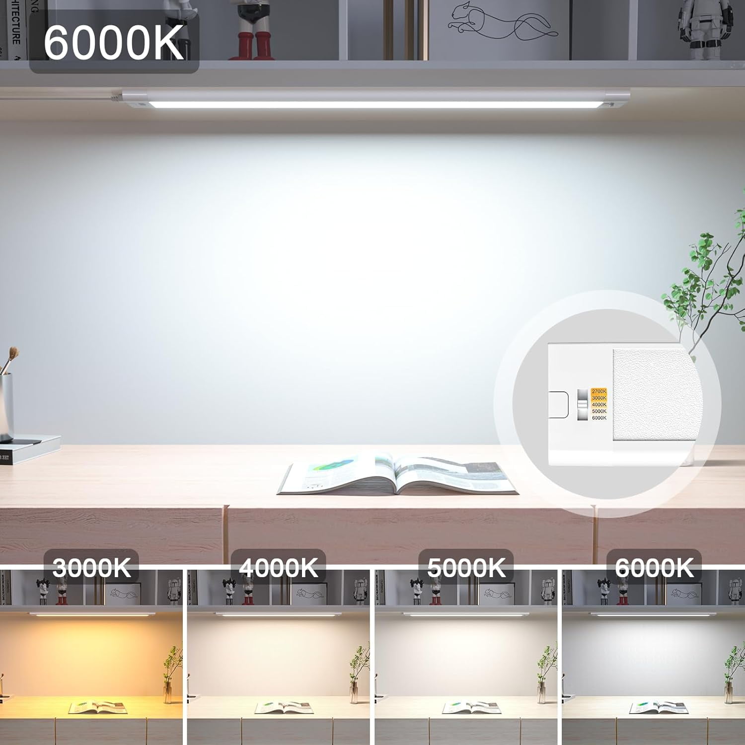 JJEAN-16.5 inch Under Cabinet Lighting,5 Color Settings,Under Counter Lights for Kitchen,Hand Wave Activated,Touchless for Cabinet,Shelf,Under Desk,Color Tunable 2700K to 6000K,Dimmable,White,1000LM