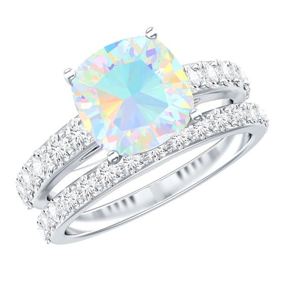 Rosec Jewels Real Ethiopian Opal Wedding Bridal Ring Set of 2 - AAA Quality - 1.8 Ct Cushion Cut Engagement Ring with Band, 925 Sterling Silver, US 4.00