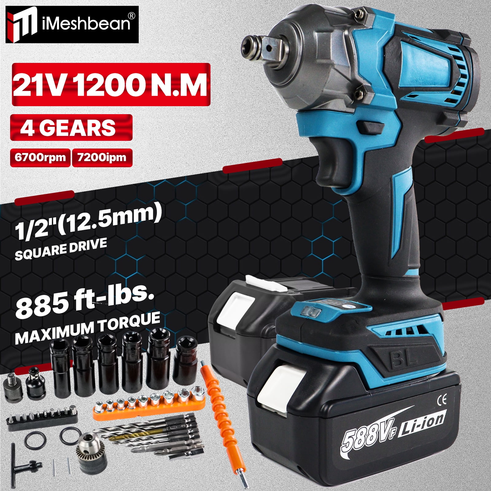 iMeshbean 21V Cordless Impact Wrench 1/2" 1200Nm High Torque Brushless Drill w/ 2 Battery