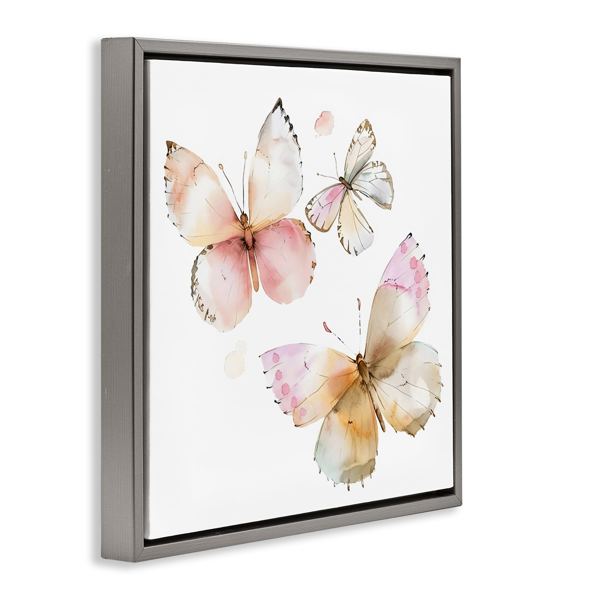 Stupell Industries Pink Watercolor Butterfly Trio Gray Framed Floater Canvas Wall Art, design by Creative Studio