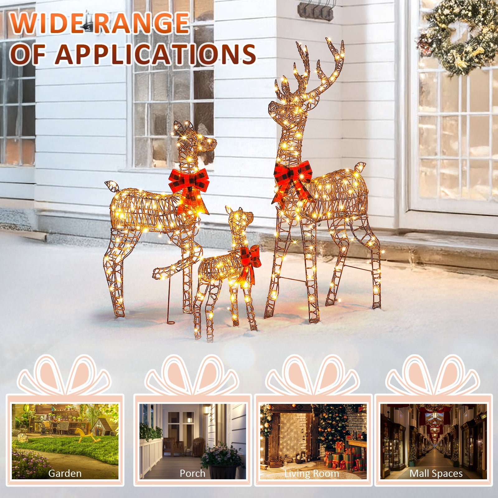 Astoutdoor 3-Piece Lighted Christmas Reindeer Family Set, Weather-Resistant Rattan, 290 Warm White LED Lights, 5 ft, White