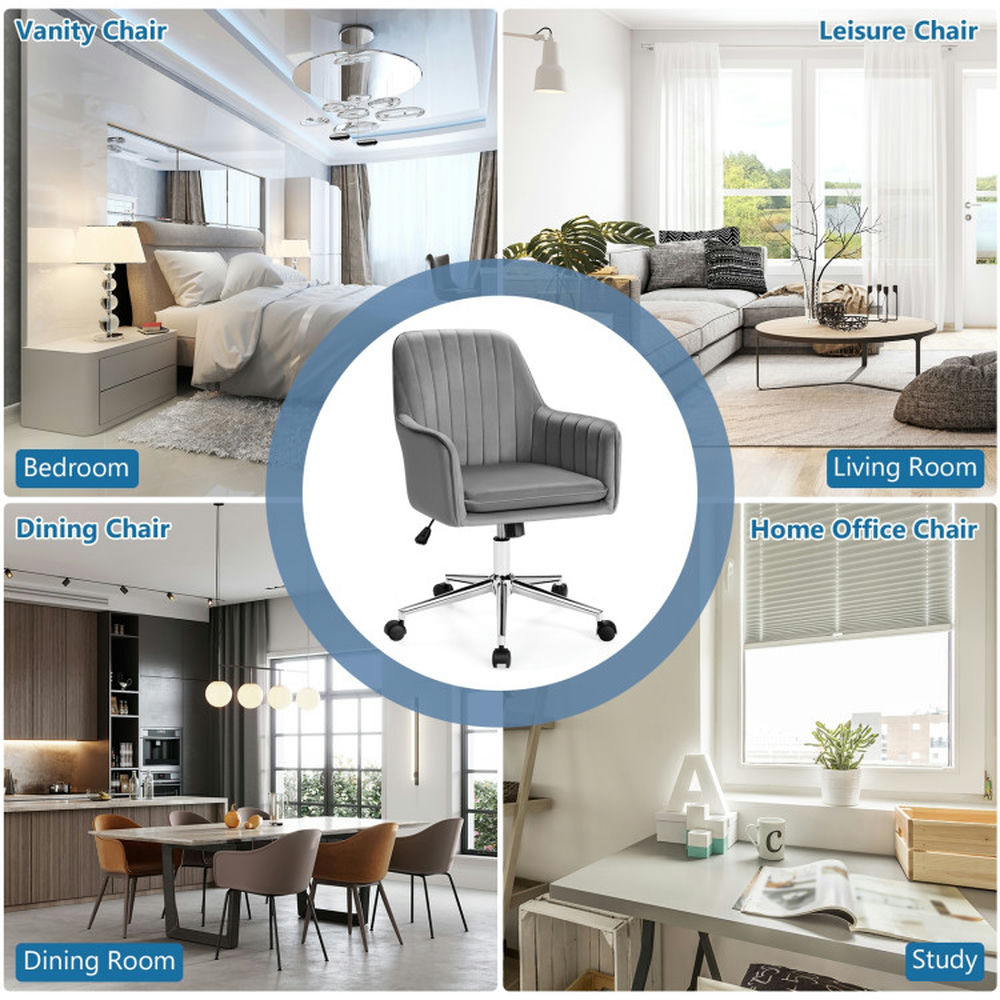 Demi Bonn Velvet Accent Office Armchair with Adjustable Swivel and Removable Cushion Rolling Work Computer Desk Chair, Gray