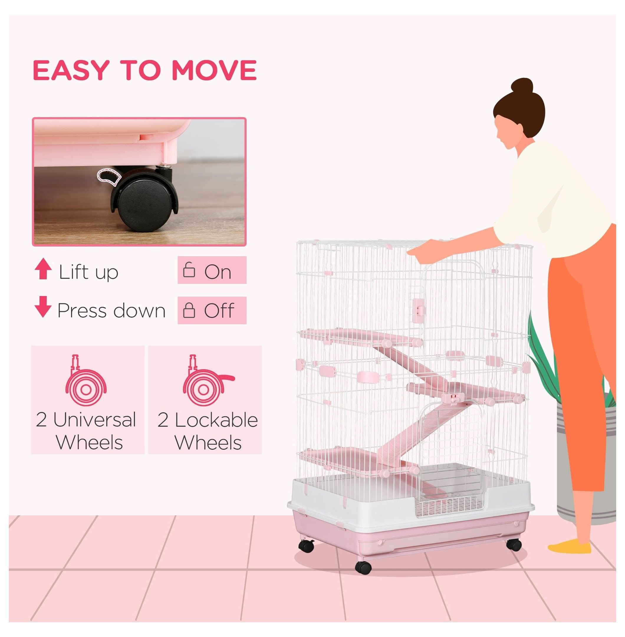 32L 4-Level Small Animal Cage, Rabbit Hutch with Wheels & Tray, Pink - Bunny, Chinchilla, Ferret Habitat