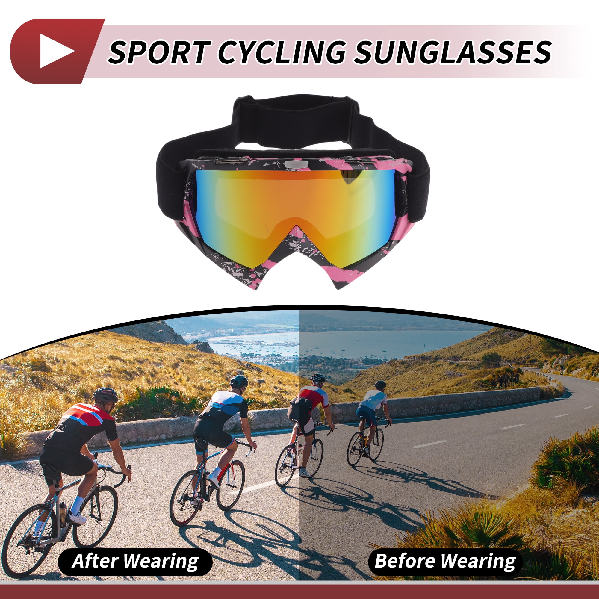 Unique Bargains Motorcycle Riding Goggles PC TPU Cycling Sunglasses Colorful Lens Black Pink Frame
