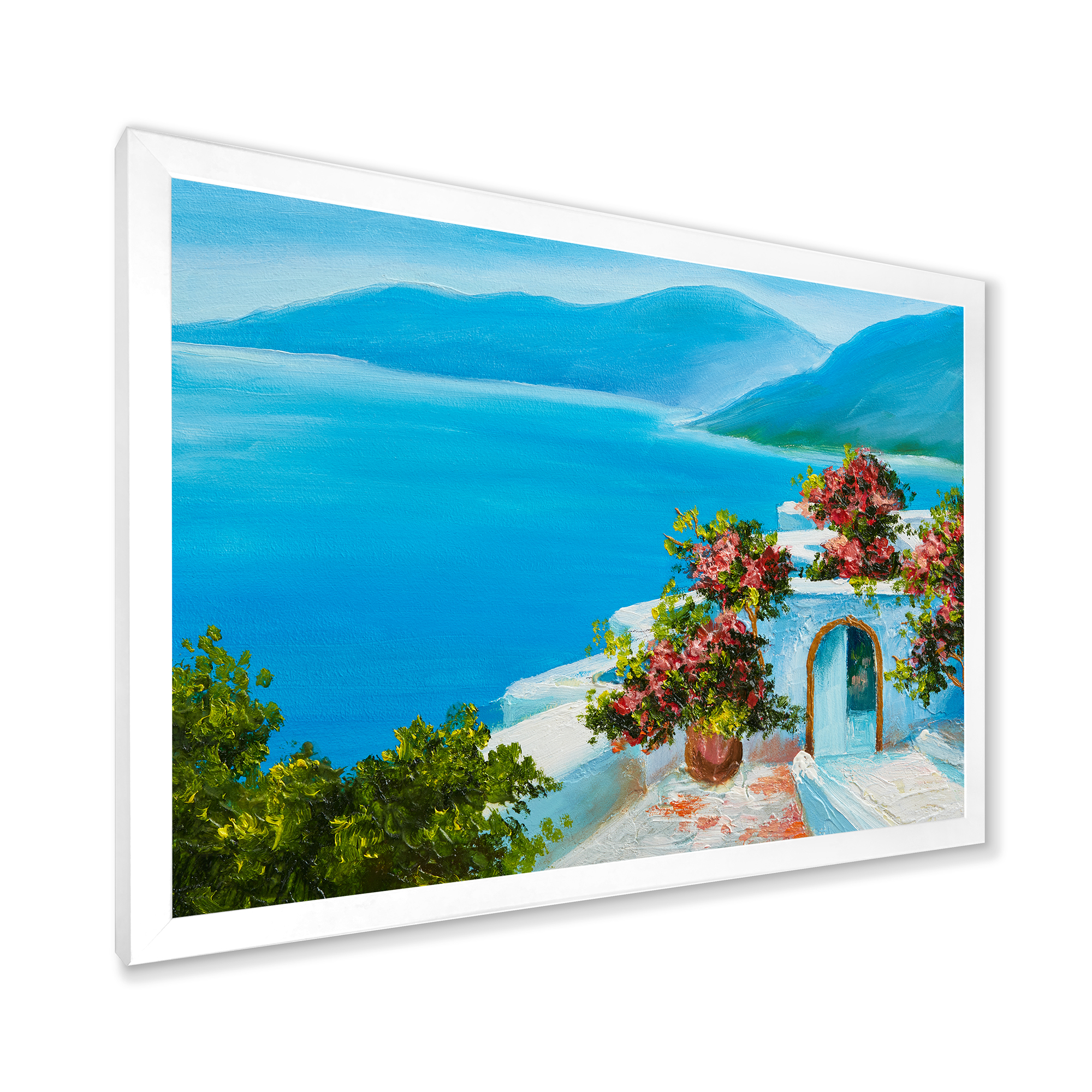 Designart 'House With Colorful Flowers Near The Sea I' Nautical & Coastal Framed Art Print