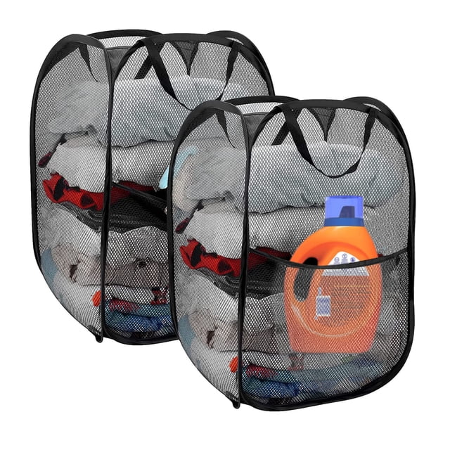 Paquete de 2 cestas plegables de malla grande y resistente para la colada con bolsillo y asas de transporte, cesta plegable para la colada para dormitorio, baño, dormitorio, viajes, camping