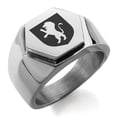 thumbnail image 1 of Stainless Steel Lion Courage Coat of Arms Shield Engraved Hexagon Crest Flat Top Biker Style Polished Ring, 1 of 1