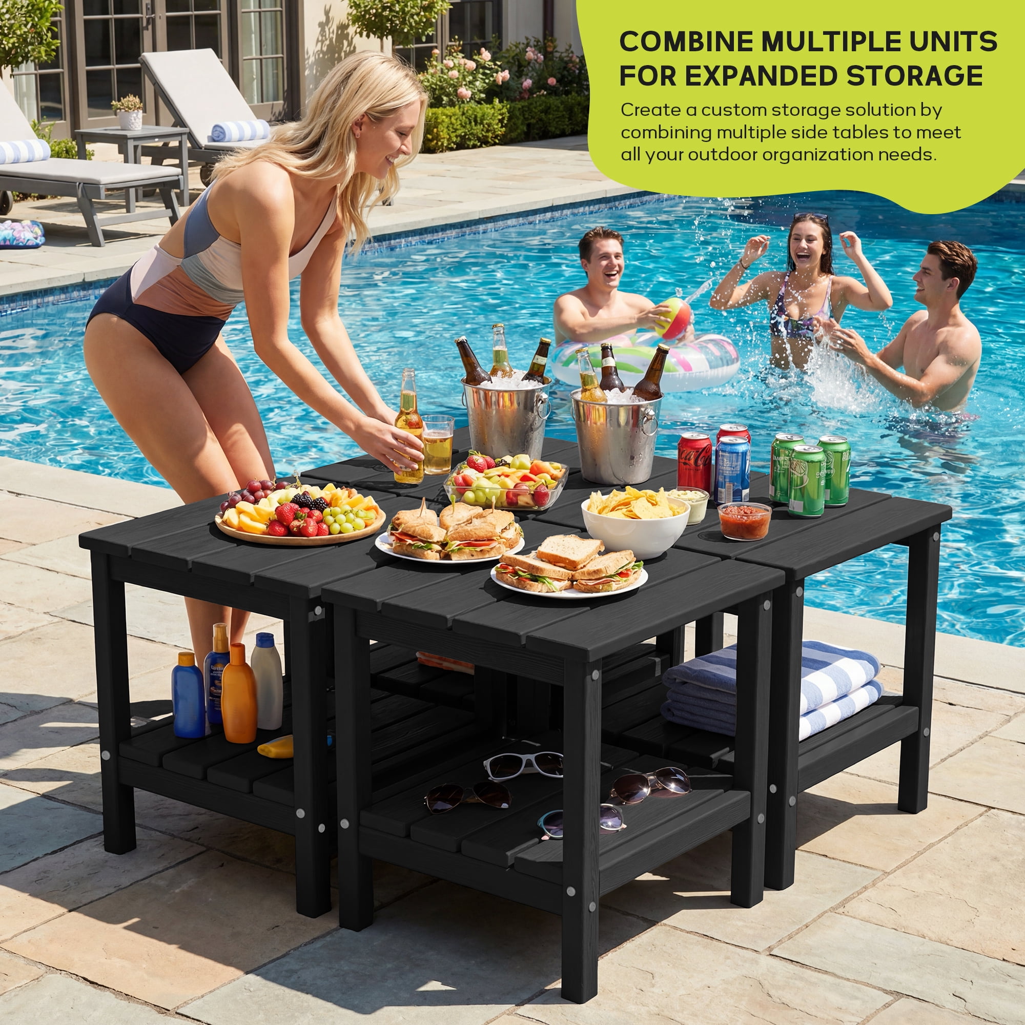 FUNDAZE HDPE 2-Layer End Table for Living Room, Outdoor Side Table, Patio Small End Table, Black