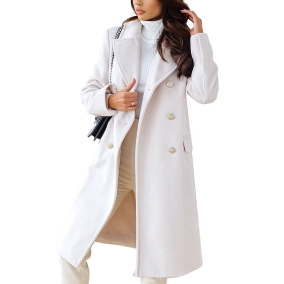 sicmoss Women's White Double Breasted Wool Overcoat, Lapel Long Winter with Pockets