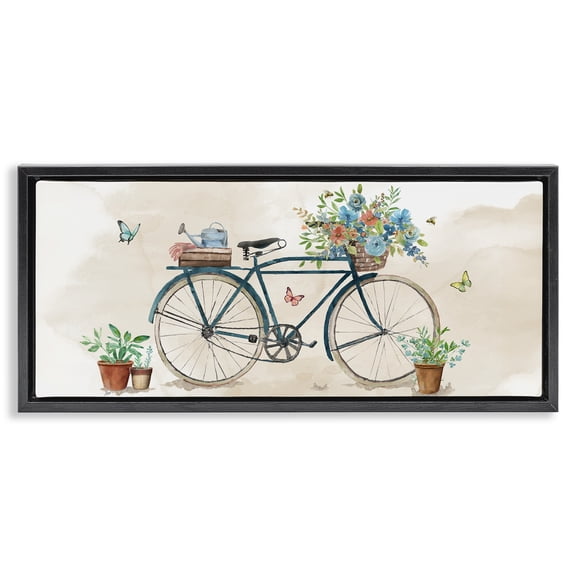 Stupell Industries Garden Bicycle & Florals Cottage Painting Black Floater Framed Canvas Art Print Wall Art, 25 x 11