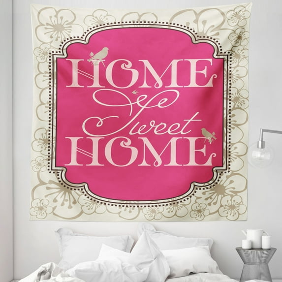 Saying Tapestry, Housewarming Welcoming Theme Typography Antique Frame with Flowers and Birds, Fabric Wall Hanging Decor for Bedroom Living Room Dorm, 5 Sizes, Pink Tan, by Ambesonne