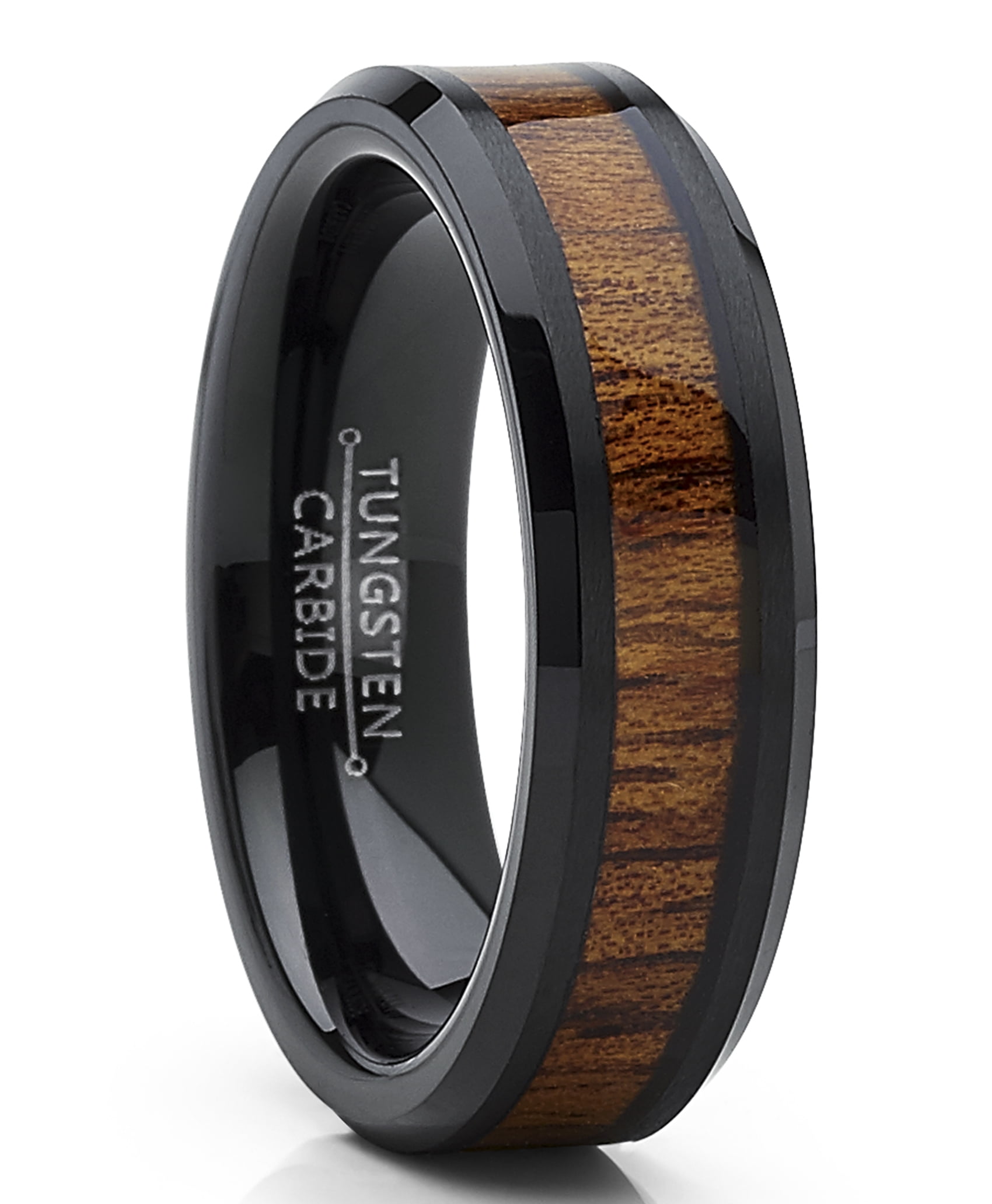 Black Ceramic Wedding Ring with Real Rosewood Inlay and Polished Beveled Edges 6mm Band 