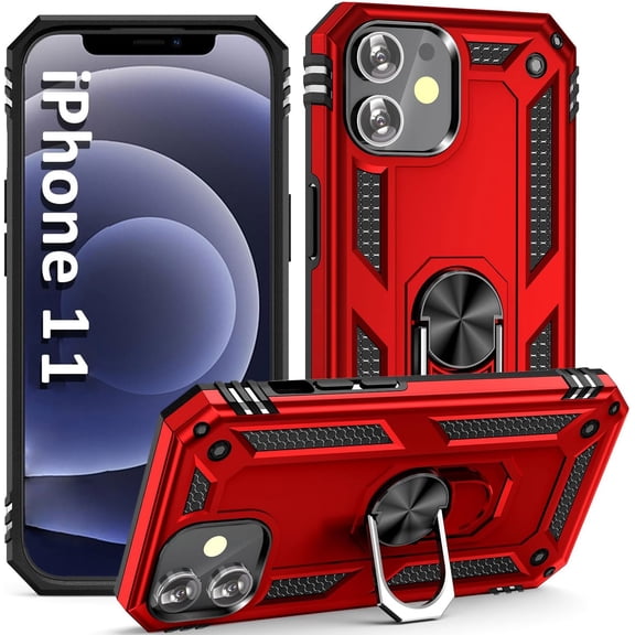 ULAK iPhone 11 Case with Kickstand Loop, Sturdy Heavy Duty Shockproof Phone Case for Apple iPhone 11 with Rotating Holder Ring for Men Boys Women Teen Girls, Red