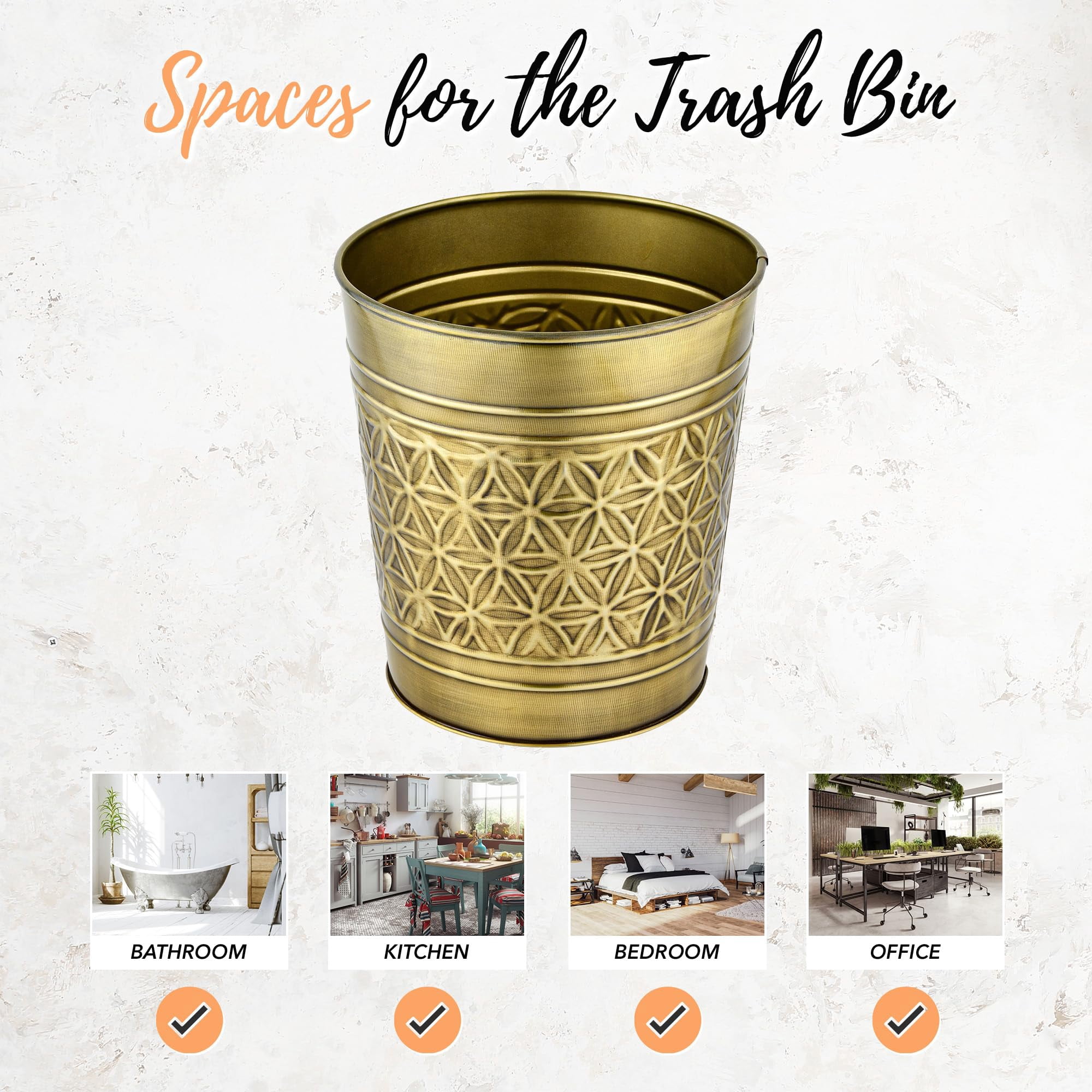 Autumn Alley Handcrafted Brass Bathroom Trash Can, Round Open-Top Bathroom Wastebasket Stylish Metal Waste Bin for Home, Office, Bedroom Decorative Waste Basket Decor, Coastal Trash Can Brass, 2 Gal.
