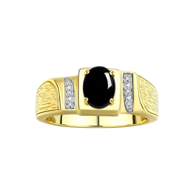 Rylos 925 Yellow Gold Plated Silver Classic 8X6MM Oval Cabochon Onyx & Sparkling Diamond Ring - Birthstone Jewelry for Men -Size 9