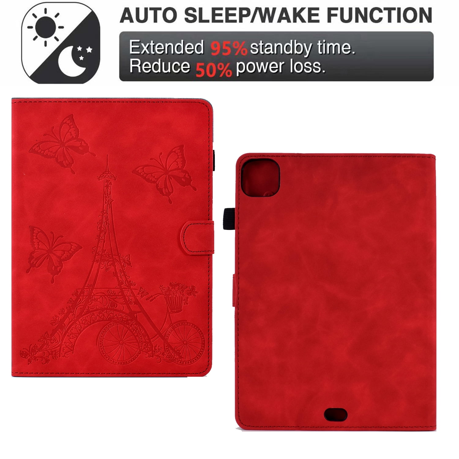 Allytechgroup iPad Pro 11 2024 M4 Case Cover, Eiffel Tower Butterfly Embossed Stylish Bumper Auto Sleep Wake Protective Kickstand Slim Fit Pencil Holder Case for Apple iPad 11 Inch Pro 2024, Red