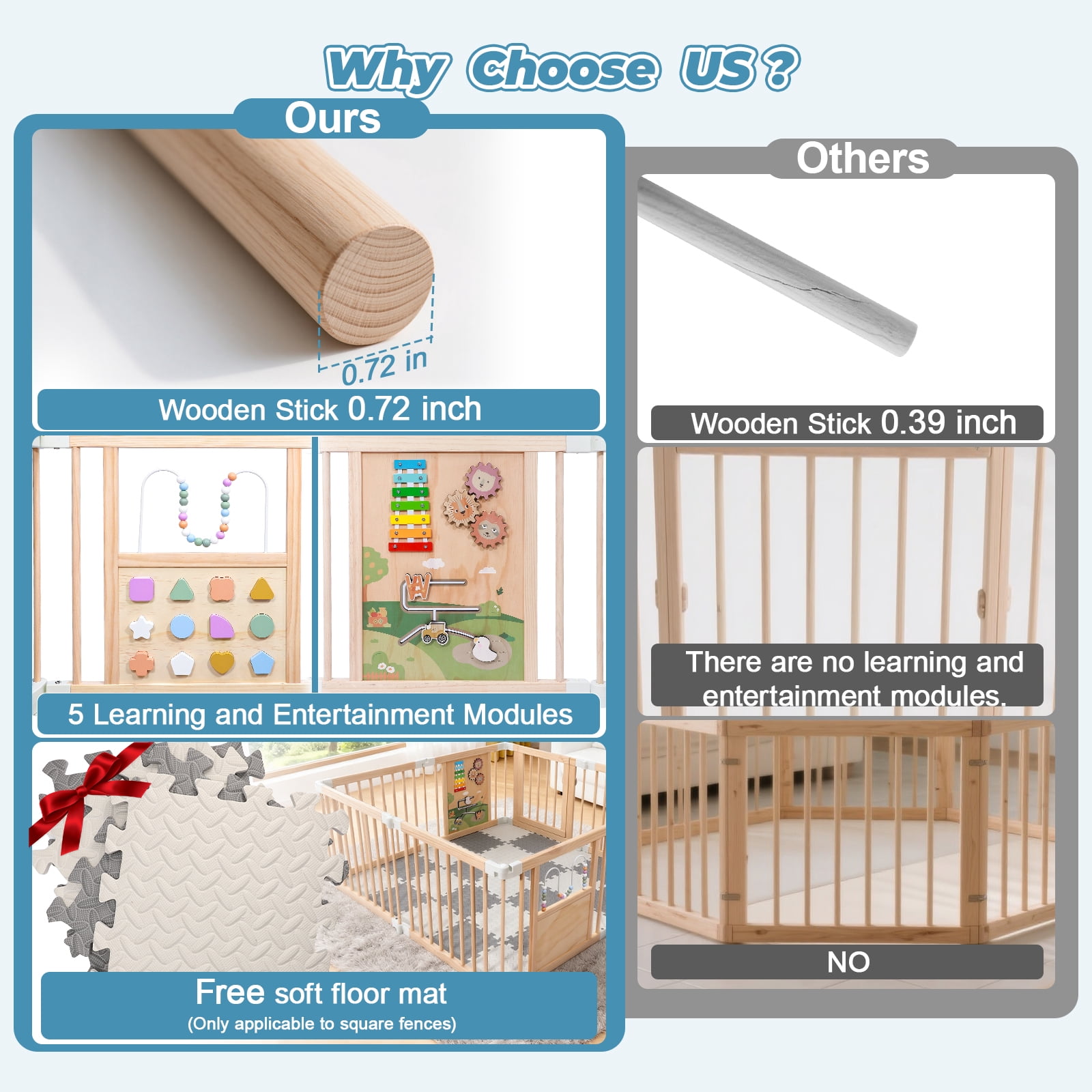 Wooden Baby Playpen with Mat, Activity Center with Gate and 2 Busy Board, Thickened Wood Adjustable Play Yard