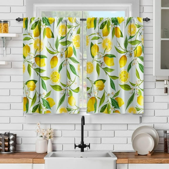 Lemon Kitchen Curtains Sets for Windows - Spring Fruit Leaves Yellow Bathroom Curtains Window Over Sink, Farmhouse Cafe Nature Plants Rod Pocket Half Window Drapes Decor 36 Inch 2 Panels