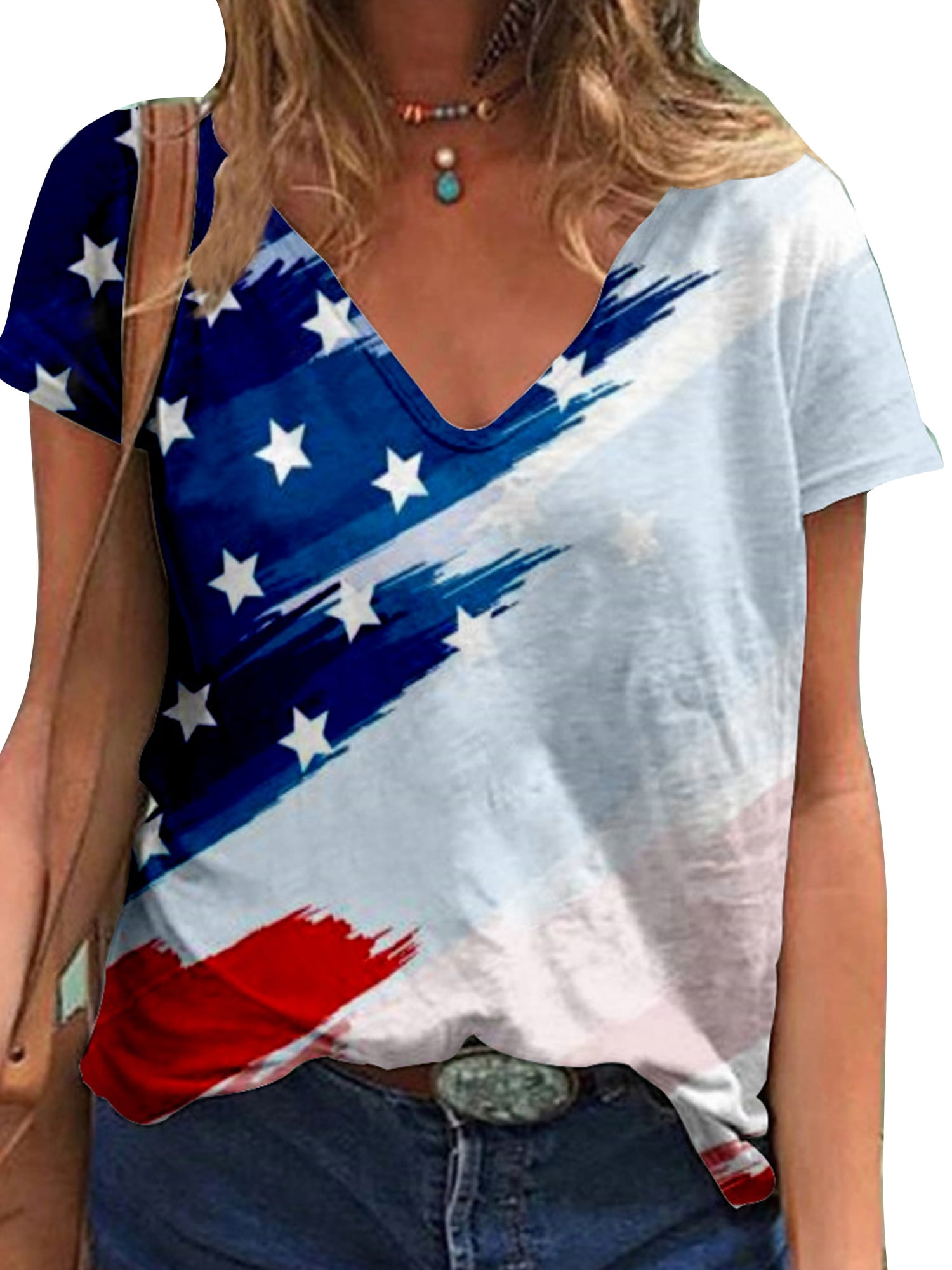 Women's Relaxed Fit V-Neck Shirt - America Flag