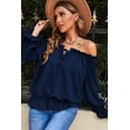 thumbnail image 3 of ABPHQTO Blusa azul marino con hombros descubiertos y manga abullonada con volantes para mujer, 3 of 5