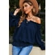 thumbnail image 3 of ABPHQTO Blusa azul marino con hombros descubiertos y manga abullonada con volantes para mujer, 3 of 5