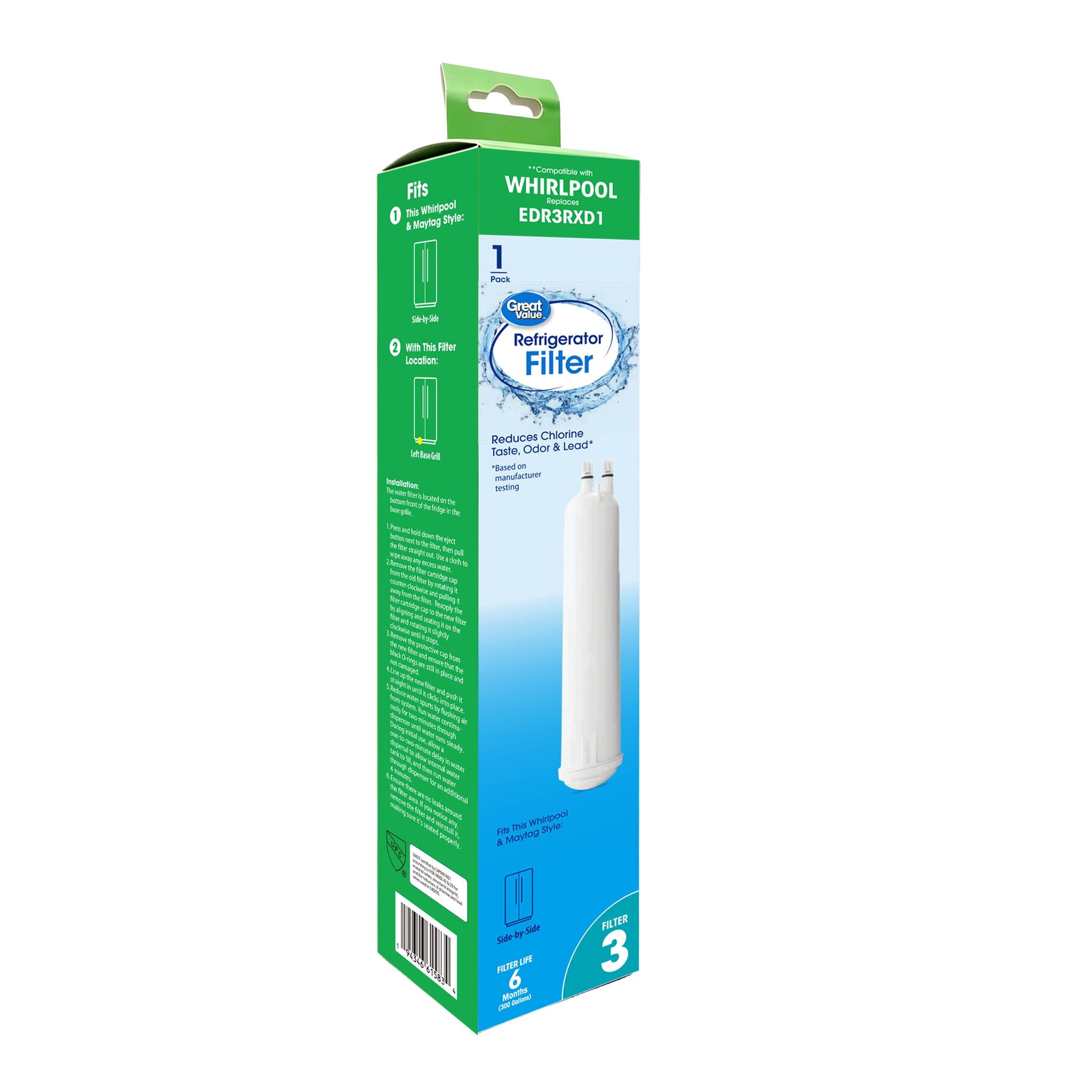 (3 pack) Great Value Refrigerator Water Filter Replacement for Whirlpool EveryDrop Filter 3, EDR3RXD1, 1 Pack