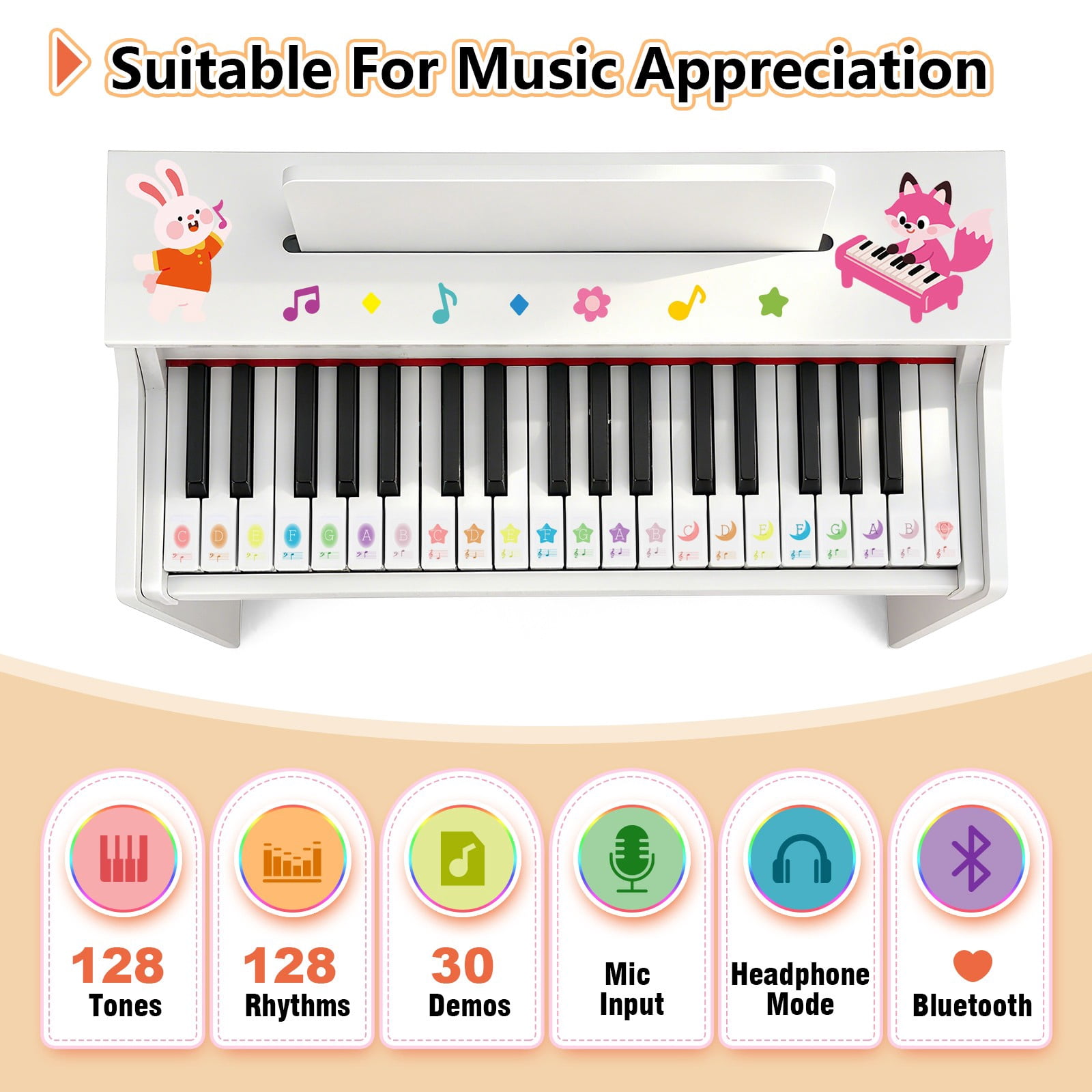 Mustar 37 Keys Kids Wooden Electronic Digital Piano Keyboard with Stool, Songbook, DIY Stickers (White)