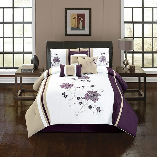 Empire Home Elsa 7 Piece Purple & White Oversized Embroidered Comforter