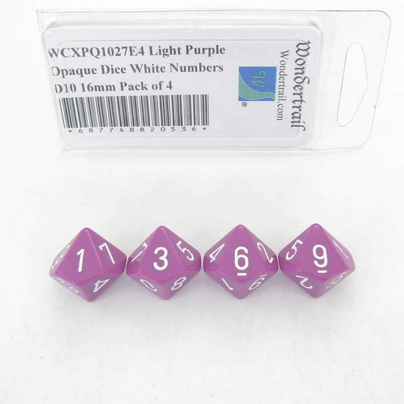 Light Purple Opaque Dice with White Numbers D10 Aprox 16mm (5/8in) Pack of 4 Wondertrail