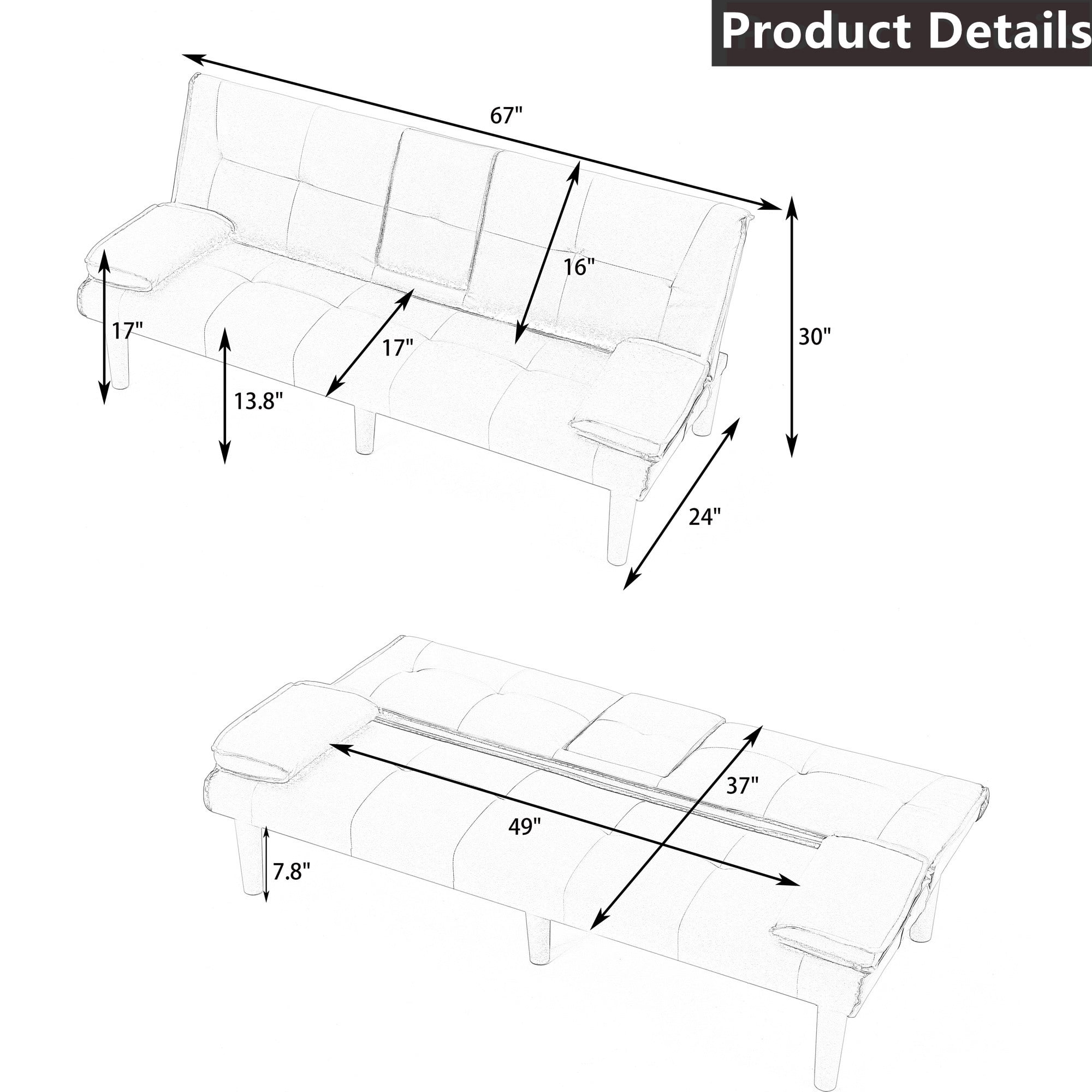 Aukfa Leather Futon Convertible Sofa Bed for Home Office, 2 Cup Holders&Pillows, Black
