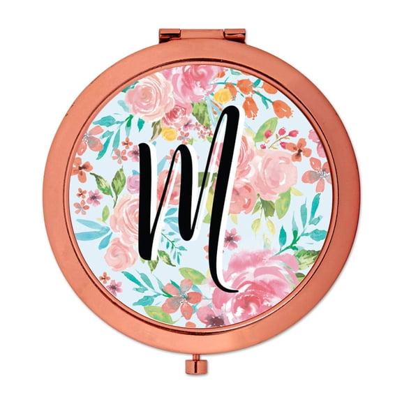 Koyal Wholesale Compact Mirror Bridesmaid's Wedding Gift, Rose Gold, Monogram Letter M, Tea Party Pink Floral Flowers
