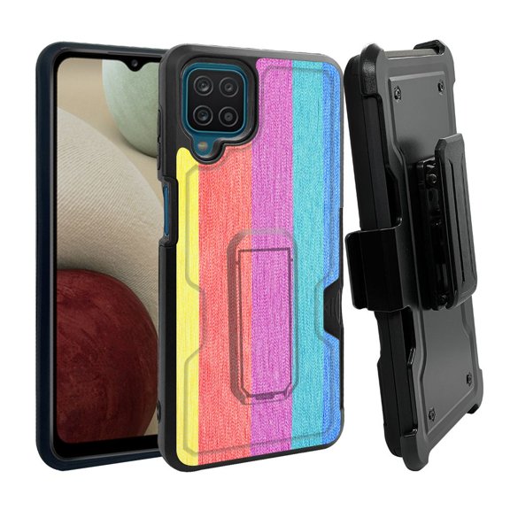 ANJ  Rugged Dual Layer Shockproof Holster Case w/Card Slot, Kickstand   Tempered Glass for Samsung Galaxy A12 - Pastel Bars