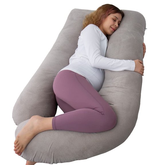 Almohada de embarazo AMCATON en forma de U de 150 cm con funda de terciopelo gris