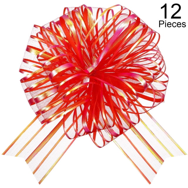 12 Pcs Pull Bow Large Organza Pull Bow Gift Wrap Pull Bow With Ribbon For Wedding Gift Baskets, 6 Inches Diameter