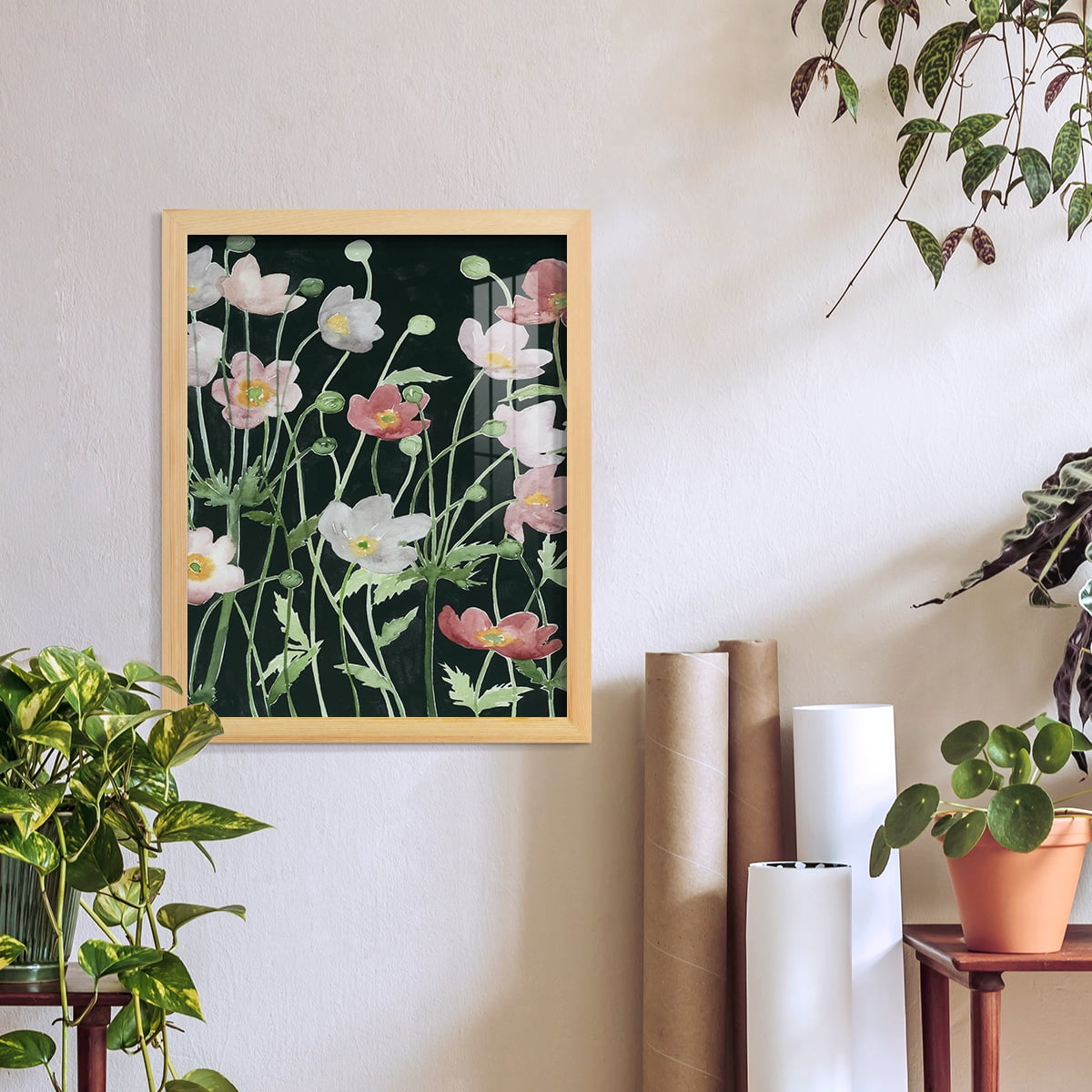 Anemone Dance I -Framed Print w/glass-Natural Wood