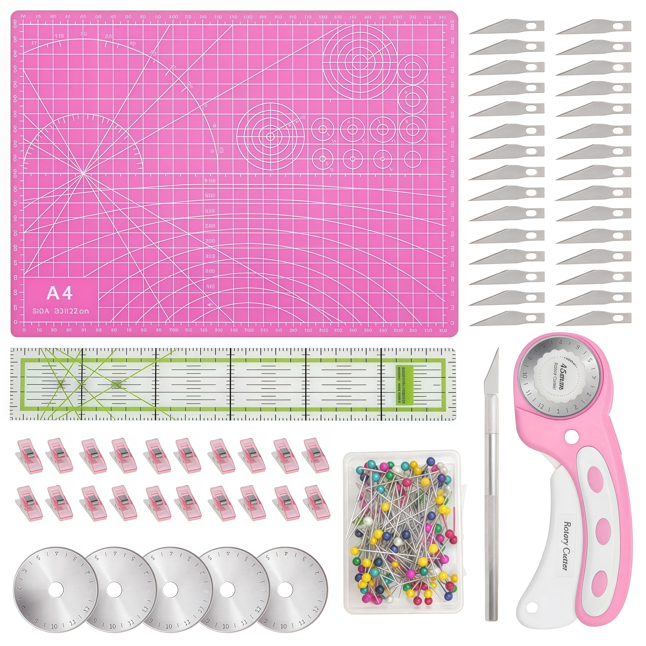 45mm Rotary Cutters Set -Rotating  Fabric Cutting Tool Set with 5 Blades, with A4 Self Healing Cutting Mat, Acrylic Ruler and Sewing Clip, Positioning Needle, Cutting Knife ,Suitable for DIY Crafting
